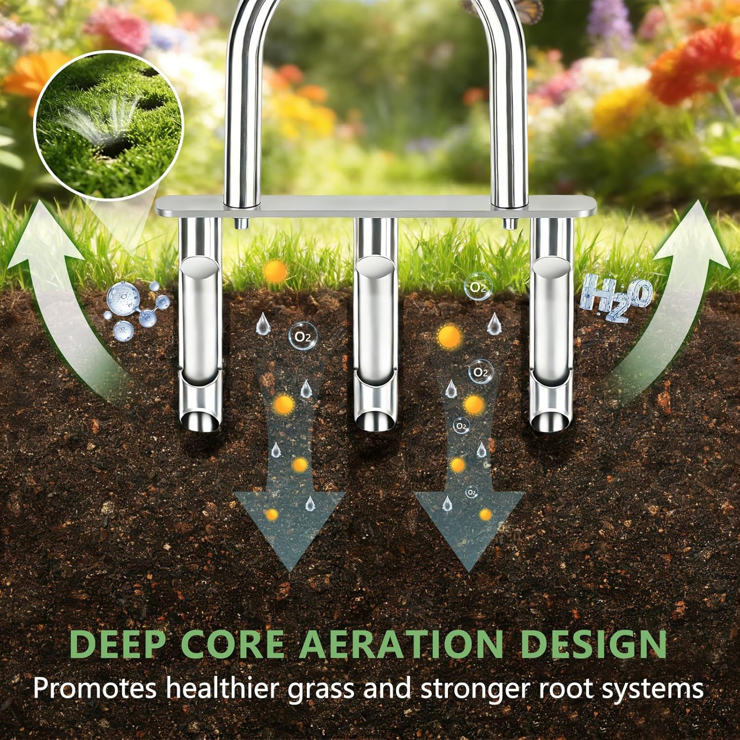 69ecdd3e74963e14f50757a9287c3cd2936f3917902b9c9c3e5aa.jpg Manual Lawn Aerator Tool with 3 Hollow Tines, Adjustable Height Stainless Steel Core Aerator, Heavy Duty Plug Aerator for Lawn Soil Compaction Relief, Yard Aeration Tool