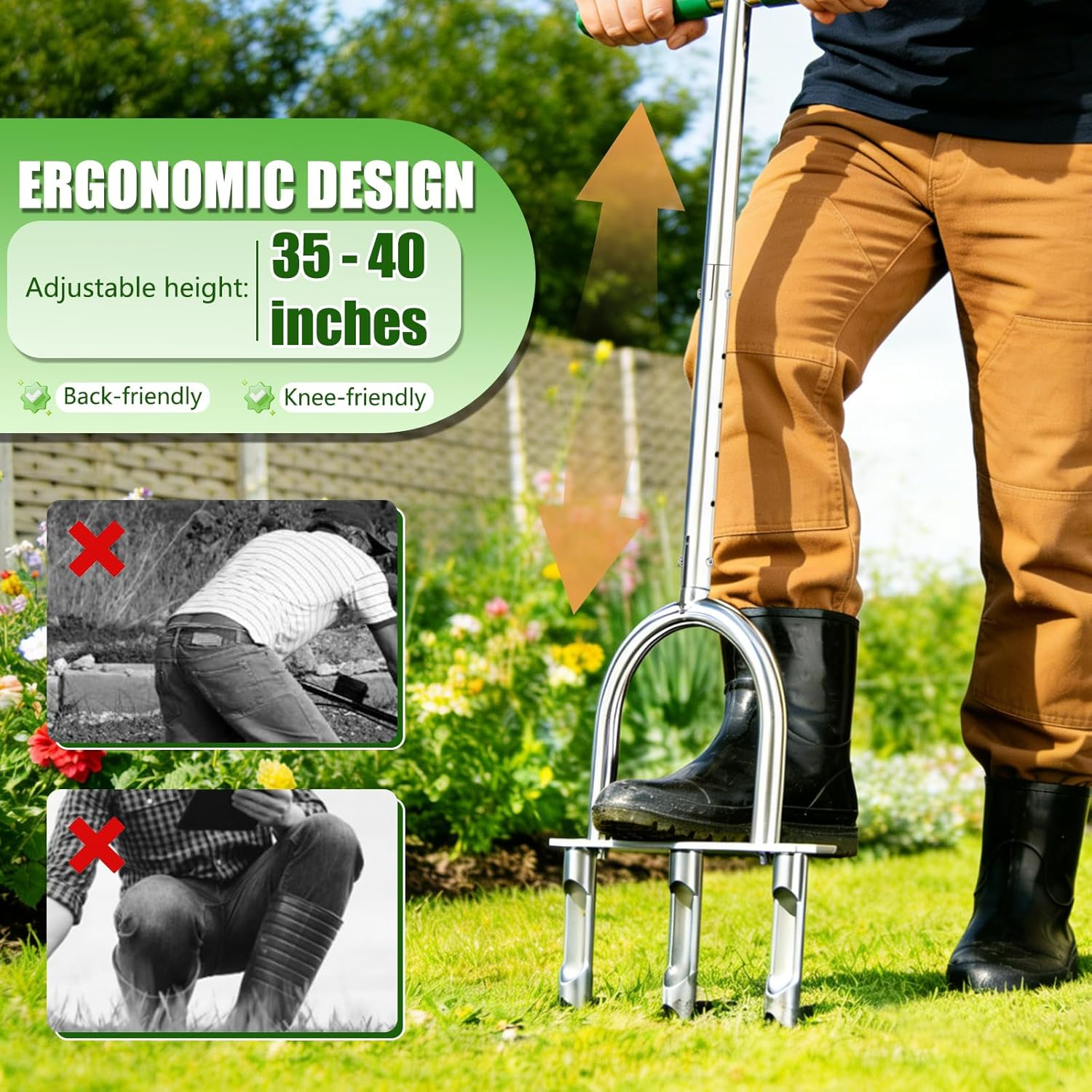69ecdd3ea01c3072b4dcaf5bb14fc07f7aff4a2855fe75d107bf2.jpg Manual Lawn Aerator Tool with 3 Hollow Tines, Adjustable Height Stainless Steel Core Aerator, Heavy Duty Plug Aerator for Lawn Soil Compaction Relief, Yard Aeration Tool