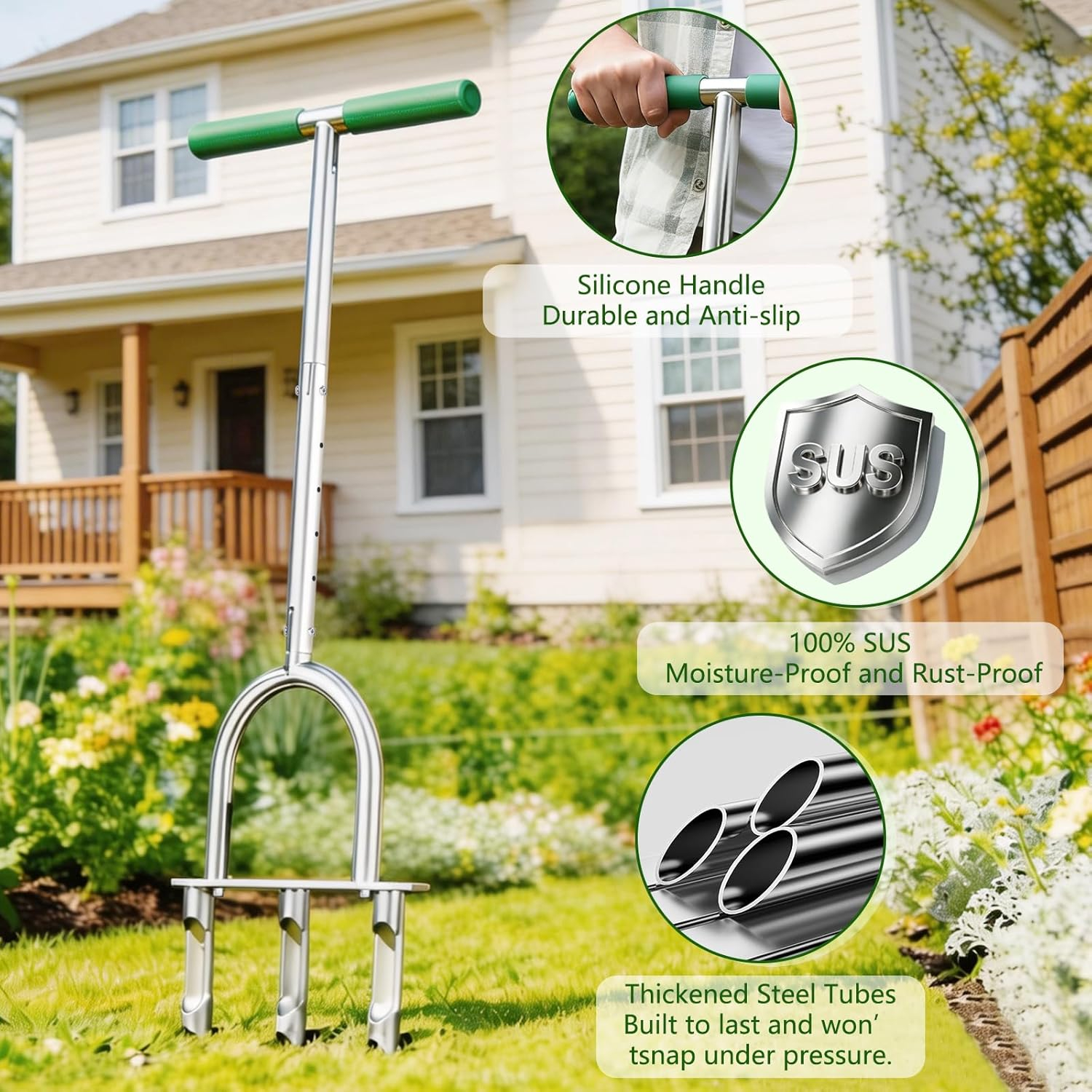 69ecdd3ec821da60d7ee7b46871b733714e7699ff0ad7a9a8538c.jpg Manual Lawn Aerator Tool with 3 Hollow Tines, Adjustable Height Stainless Steel Core Aerator, Heavy Duty Plug Aerator for Lawn Soil Compaction Relief, Yard Aeration Tool