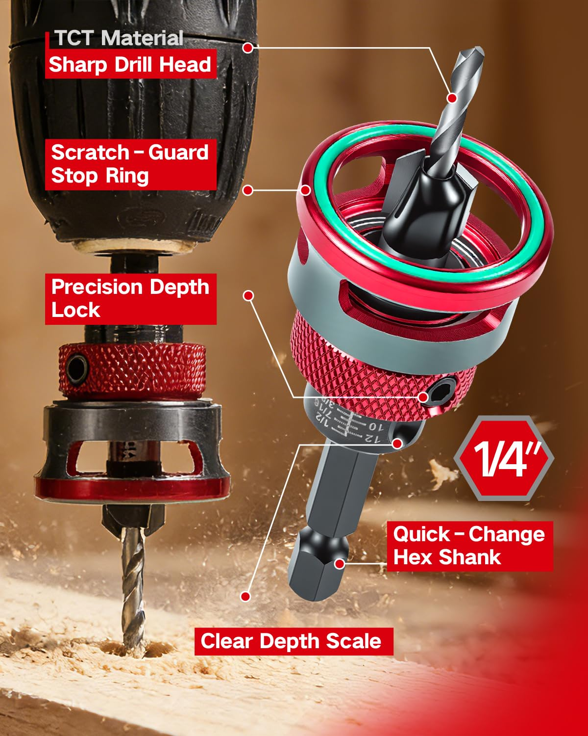 69ecddb5d4ee6705e2e2e35f67da00812febaa30b264744fa1635.jpg 9 PCS Countersink Drill Bits Set, 5PCS Two-Flute TCT Alloy Tapered Drill Bits and Adjustable Depth Stop Collar, Wood Countersink Bit with Wrench for 82 Degree Woodworking, Plywood and MDF DIY