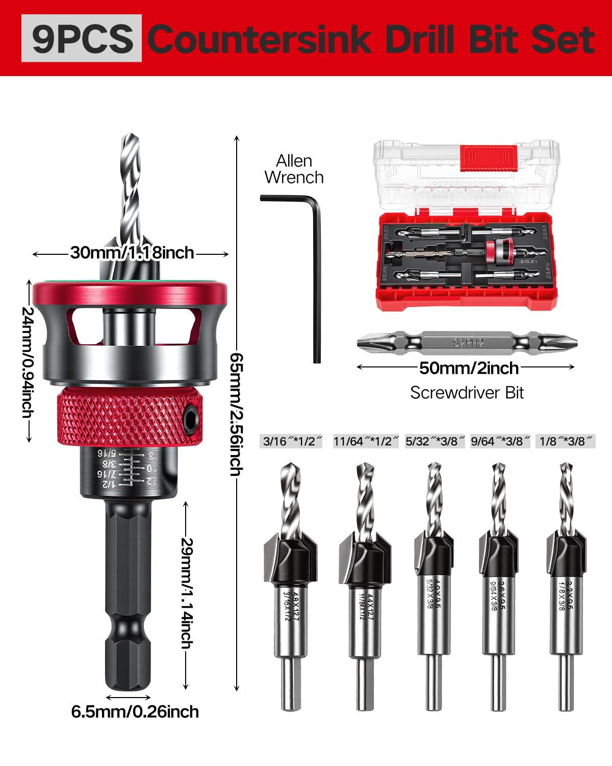 69ecddb620b2060fc7ba5f001ac671a54f6f928e2a537aa4facc9.jpg 9 PCS Countersink Drill Bits Set, 5PCS Two-Flute TCT Alloy Tapered Drill Bits and Adjustable Depth Stop Collar, Wood Countersink Bit with Wrench for 82 Degree Woodworking, Plywood and MDF DIY
