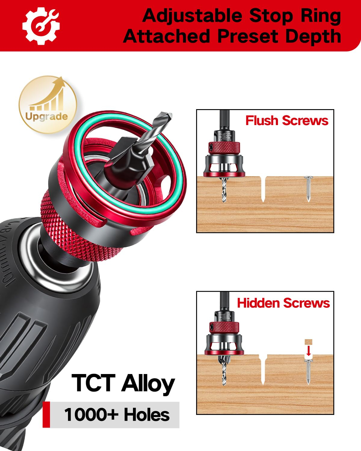 69ecddb6b6f4f992497812d6d301038e7e0f54fcf472b24afe11c.jpg 9 PCS Countersink Drill Bits Set, 5PCS Two-Flute TCT Alloy Tapered Drill Bits and Adjustable Depth Stop Collar, Wood Countersink Bit with Wrench for 82 Degree Woodworking, Plywood and MDF DIY