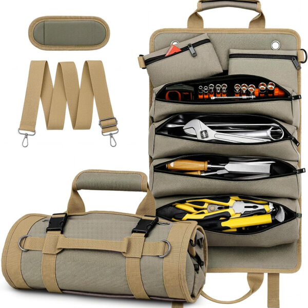 69ecdddb2ac6a4fe4c868184b6d116c8557826c6ddc0b66d30a09.jpg Tool Roll Up Bag, 1680D Heavy Duty Tool Bag Organizer with 2 Detachable Tool Pouches & Multiple Pockets, Waterproof Motorcycle Tool Roll for Mechanic & Electrician, Gift for Men Him Dad, 21.9"*14.7"