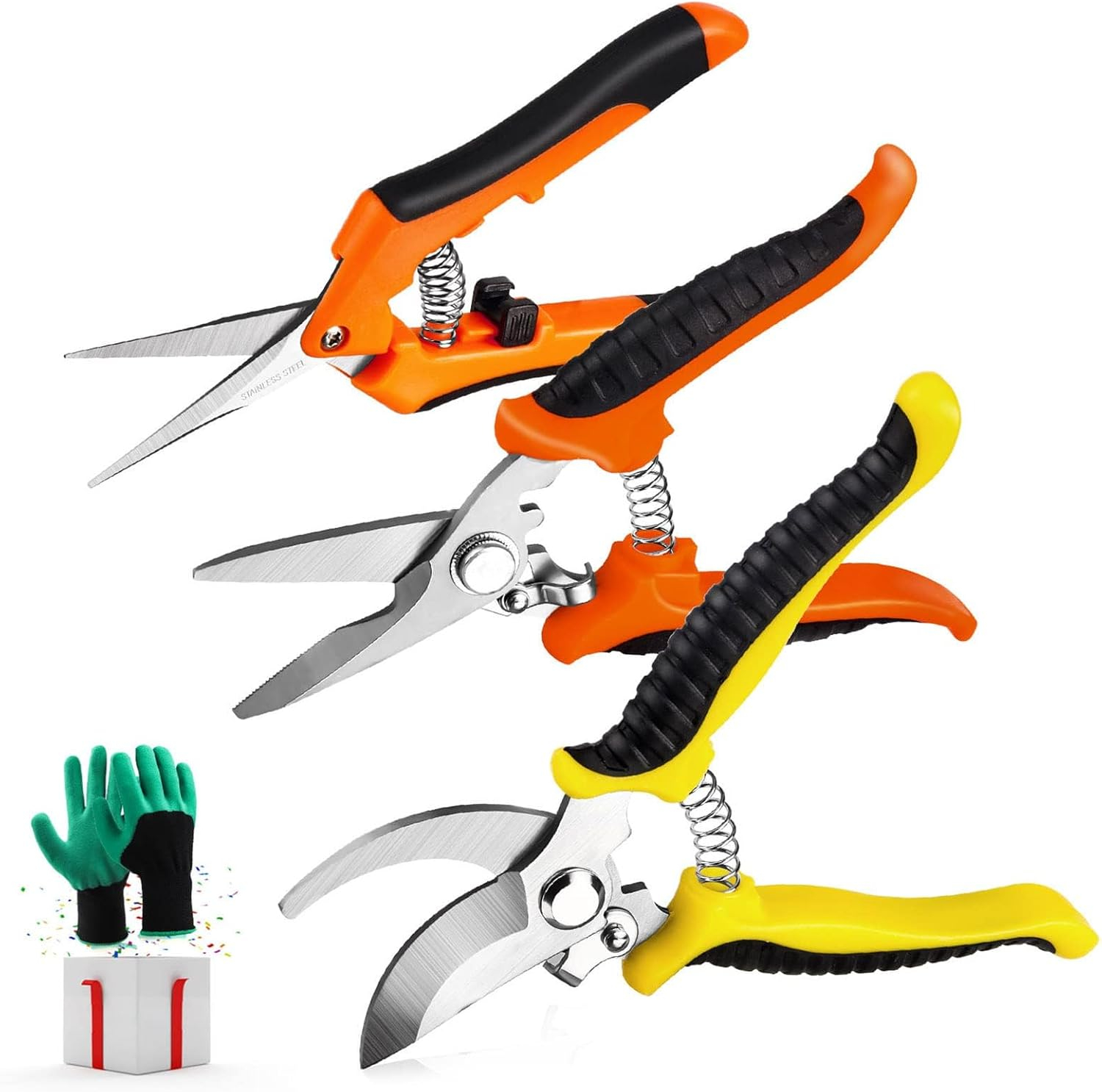 69ee27d6e9b00ced6ef8f9915c205685e2cf5877bc52651f18f2a.jpg 3 Pack Garden Pruning Shears Stainless Steel Blades Handheld Pruners Set with Gardening Gloves