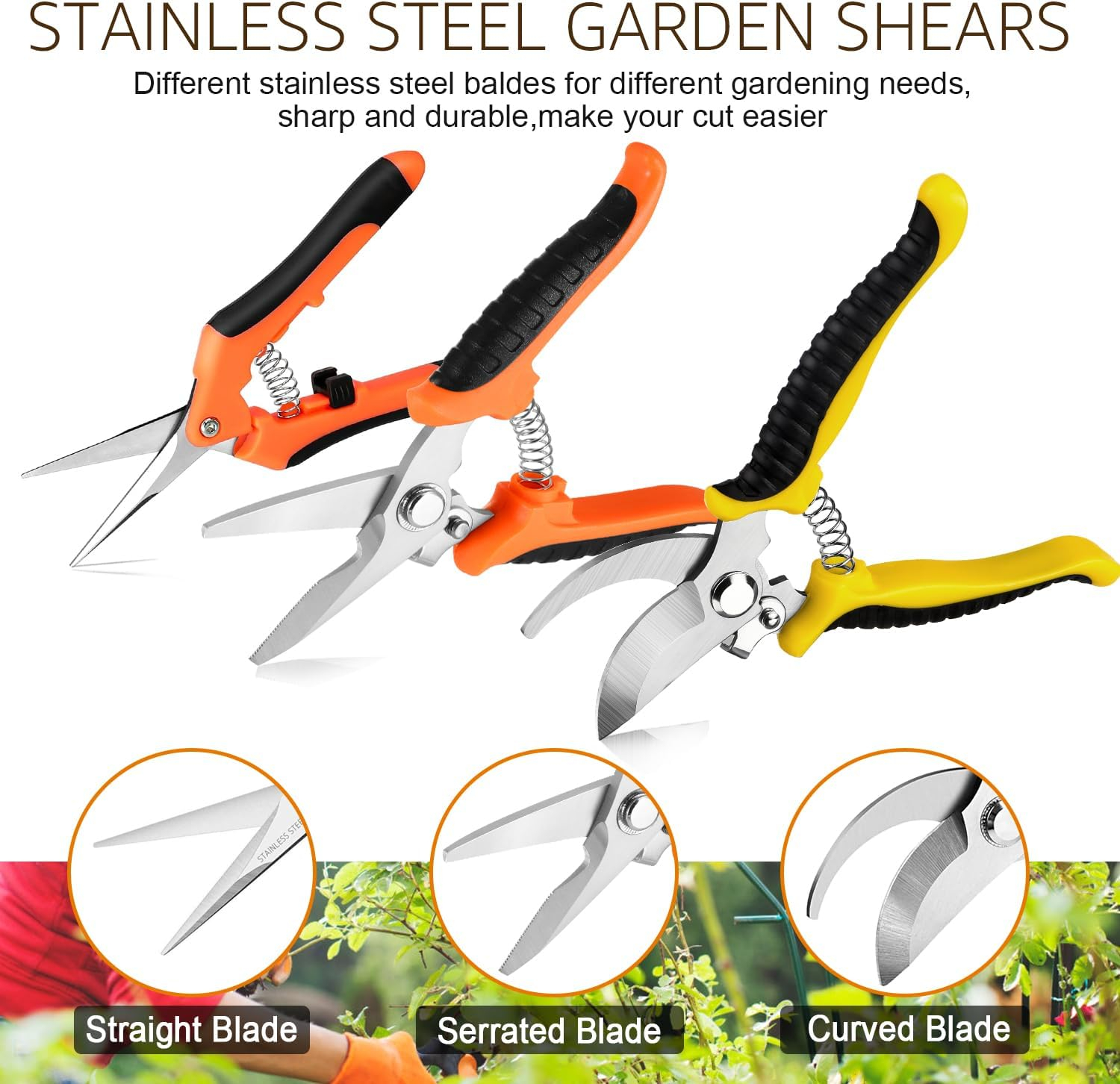 69ee27d77302becc23d142e4f7ba3b9ec936f0b06ec81947a6c8a.jpg 3 Pack Garden Pruning Shears Stainless Steel Blades Handheld Pruners Set with Gardening Gloves