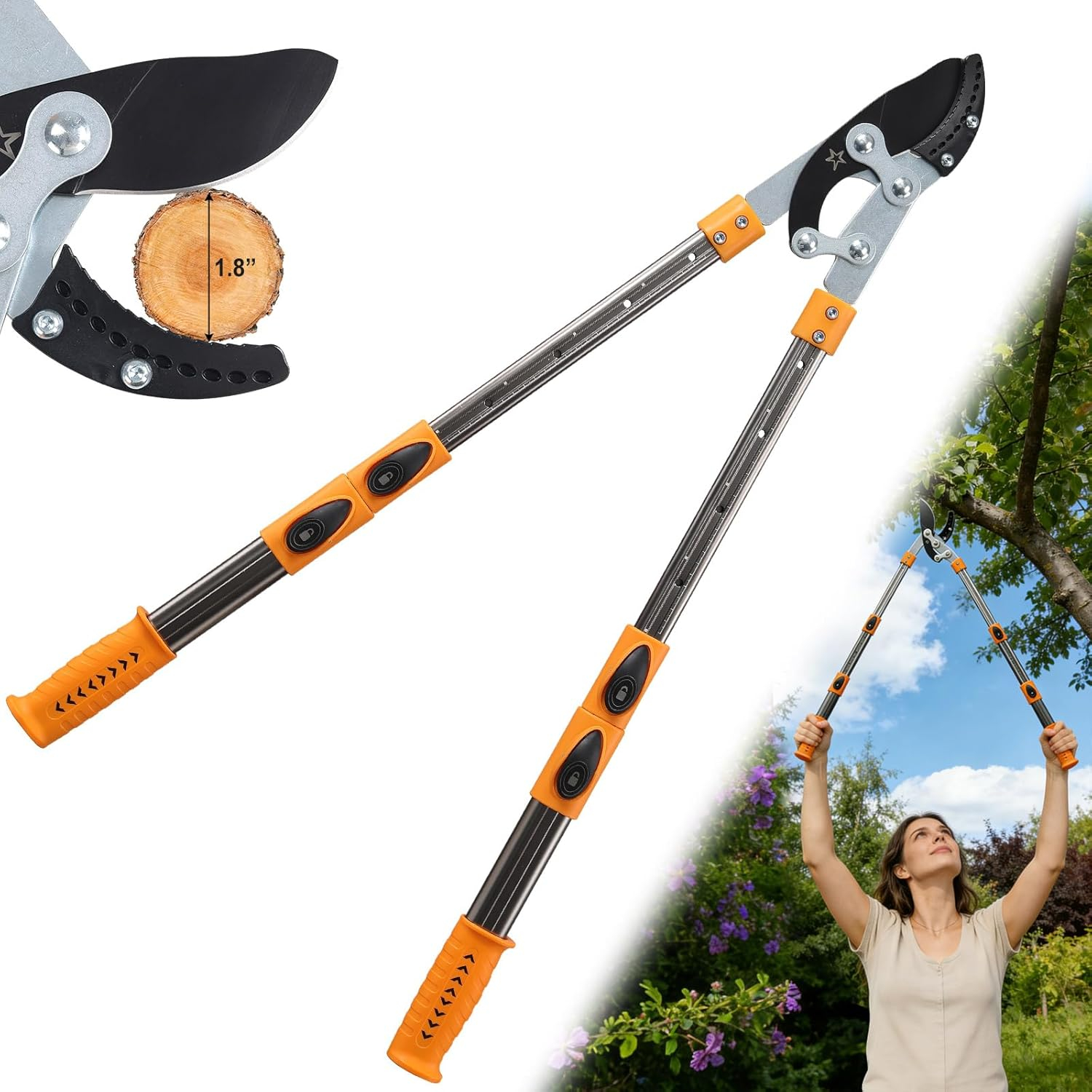 69ee2a347f0aabc99897db23bafb4ca6bd4ce39613b406fce57fd.jpg Extendable Loopers for Tree Trimming, 24-42'' Heavy Duty Thick Branches Cutter Lopping Shears with SK5 Steel Blade, Pruning Shear with 1.8” Cut Capacity, Loppers with Compound Action for Gardening